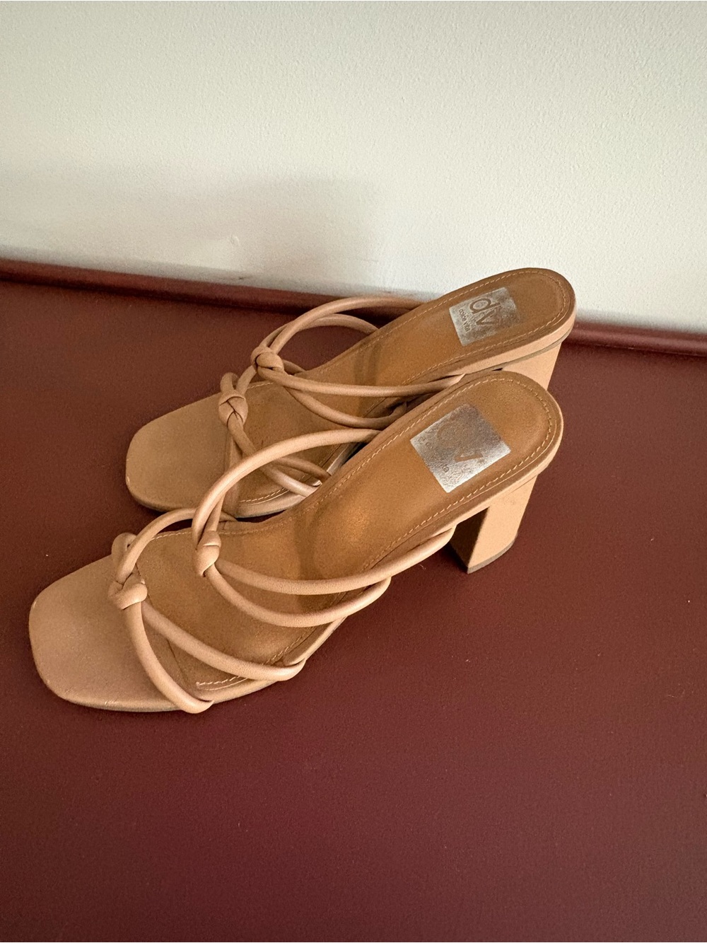 DV Dolce Vita Minimalist Knot-Detail Tan Strappy Block Heel Sandals